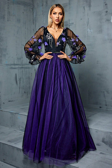 Floral Navy A Line Long Tulle Mother of the Bride Dress